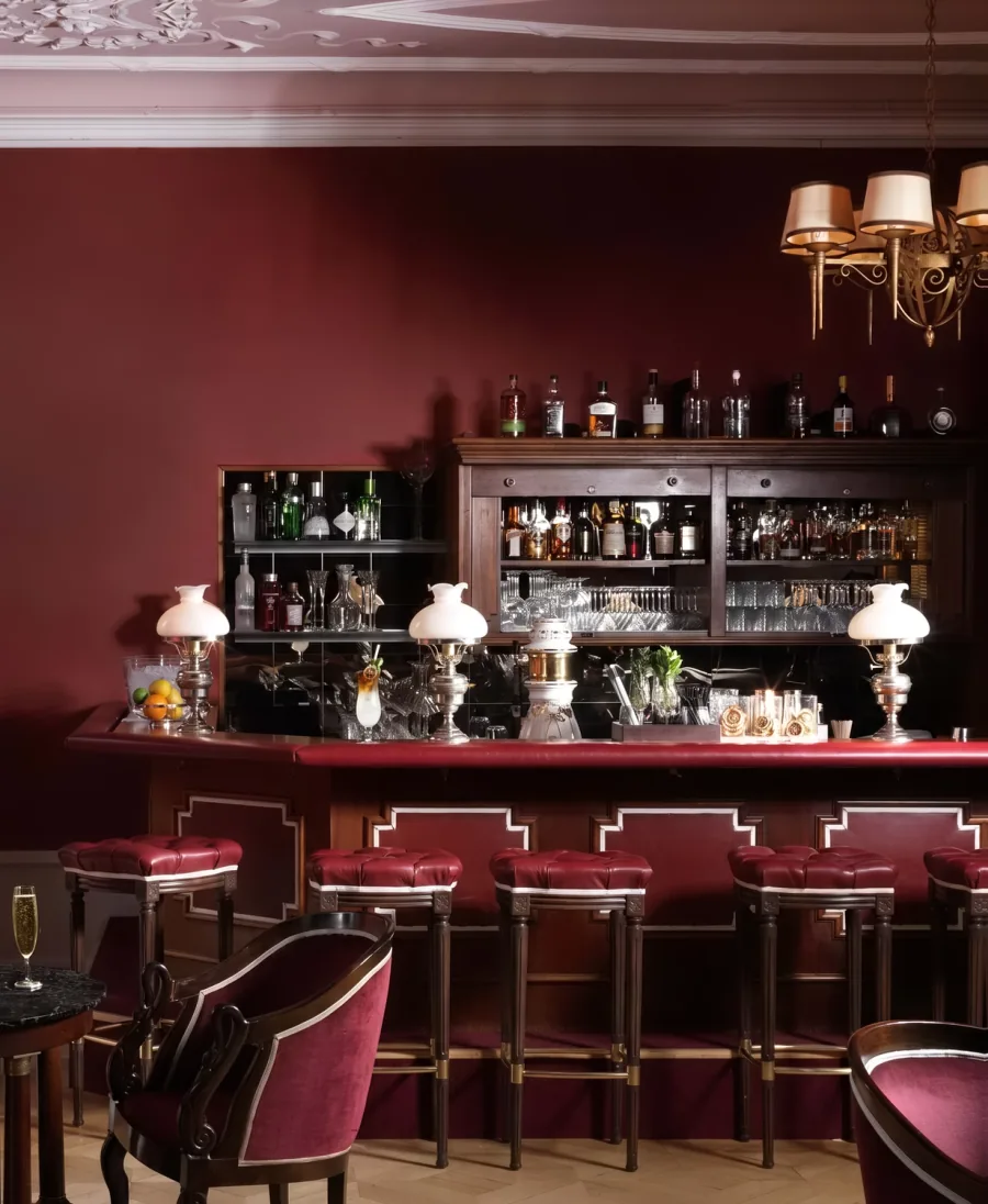 Die Theke der Bar «Le Vieux Rivage» mit den roten Hockern und Kronleuchtern