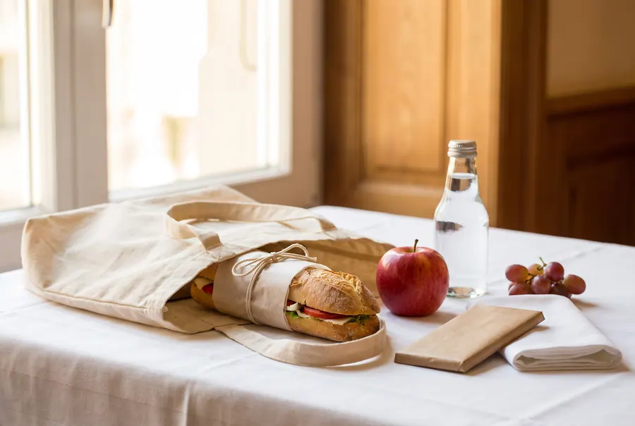 Ein Lunchpaket aus der Küche: Sandwich in Papier, Apfel, Wasser, Schokolade und Serviette auf weissem Leinen