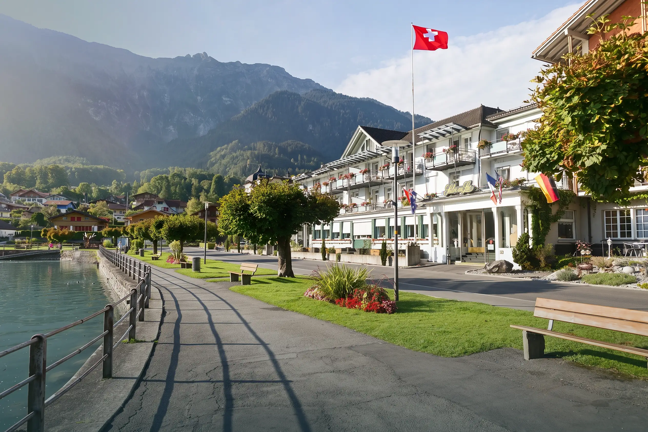 Das Hotel Seiler au Lac an der Seepromenade von Bönigen, mit Fahne, davor der Brienzersee